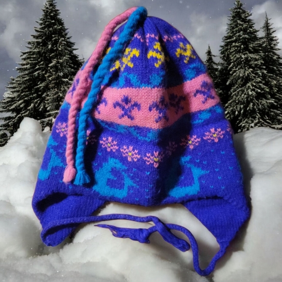 Vtg Woman's Heavy Knit Winter Ski Hat Cap Ear Flaps Cord Tassels Pink Purple - Picture 3 of 8